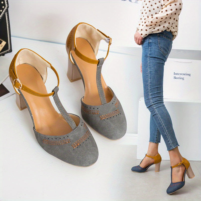 Vibrant Color Block Retro High Heel Shoes - Adjustable T-strap, Classic Round Toe, Sturdy Block Heels - Perfect for Oktoberfest, Dressing Up or Everyday Wear