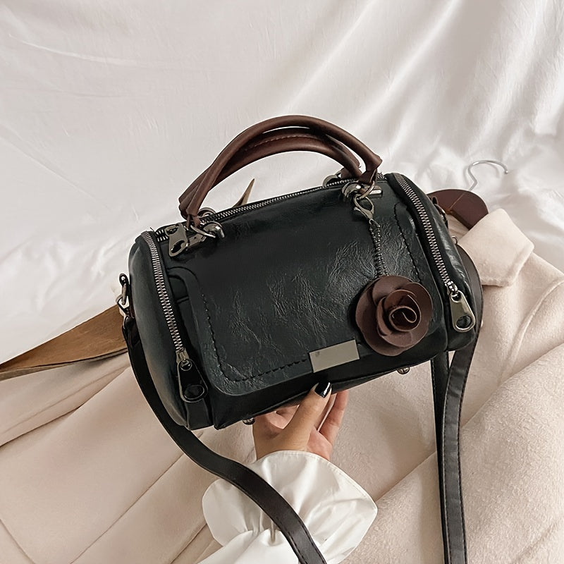 Vintage Boston Handbag, Large-capacity Trendy Satchel Bag, Flower Pendant Zipper Purse