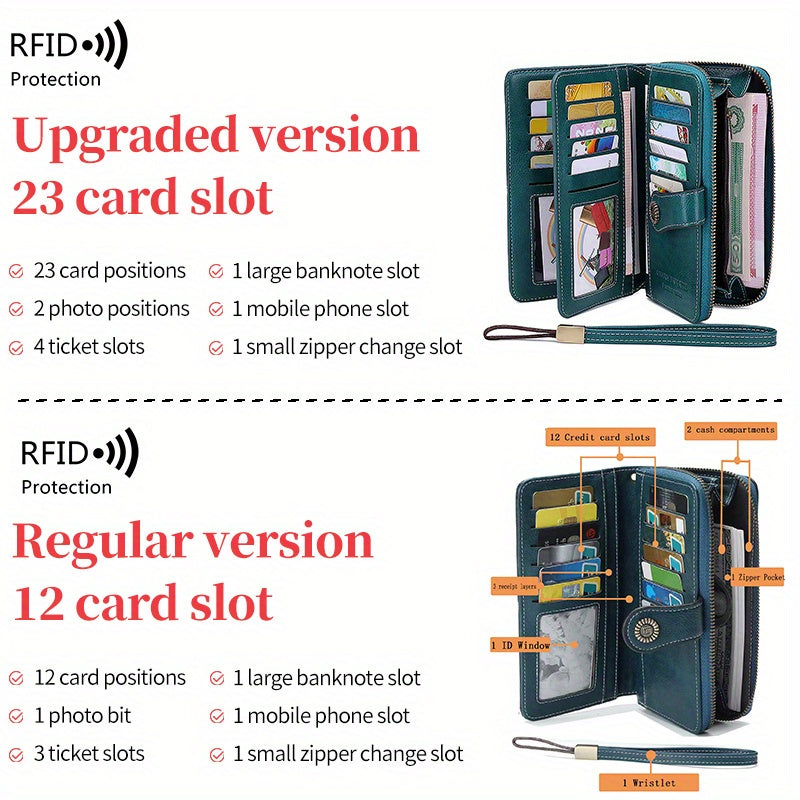 Vintage-Style RFID Long Wallet – Large-Capacity Faux Leather Coin Purse with Wristband, Snap Closure & Multi-Card Slots