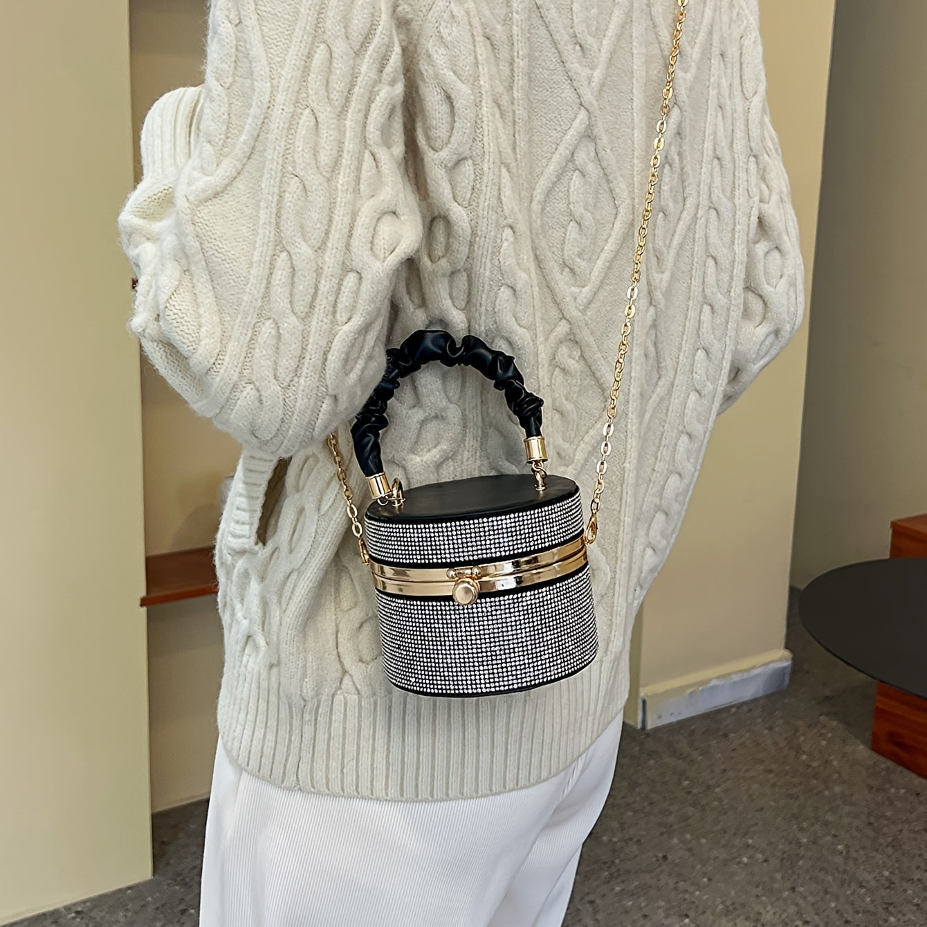 Mini Allover Rhinestone Handbag, Ruched Detail Evening Bucket Bag, Stylish Chain Shoulder Purse For Party (3.9*4.7*4.7) Inch Best Gifts for Carnaval