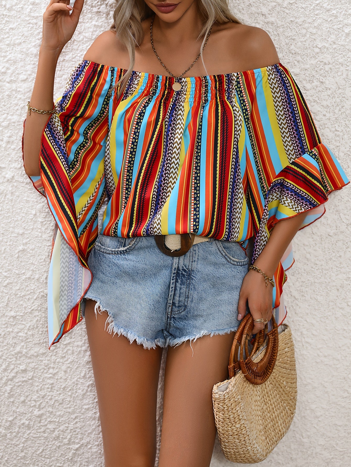 Vibrant Stripe Off-Shoulder Blouse - Flirty Ruffle Trim, Lightweight & Breathable - Womens Summer Vacation Wardrobe Staple