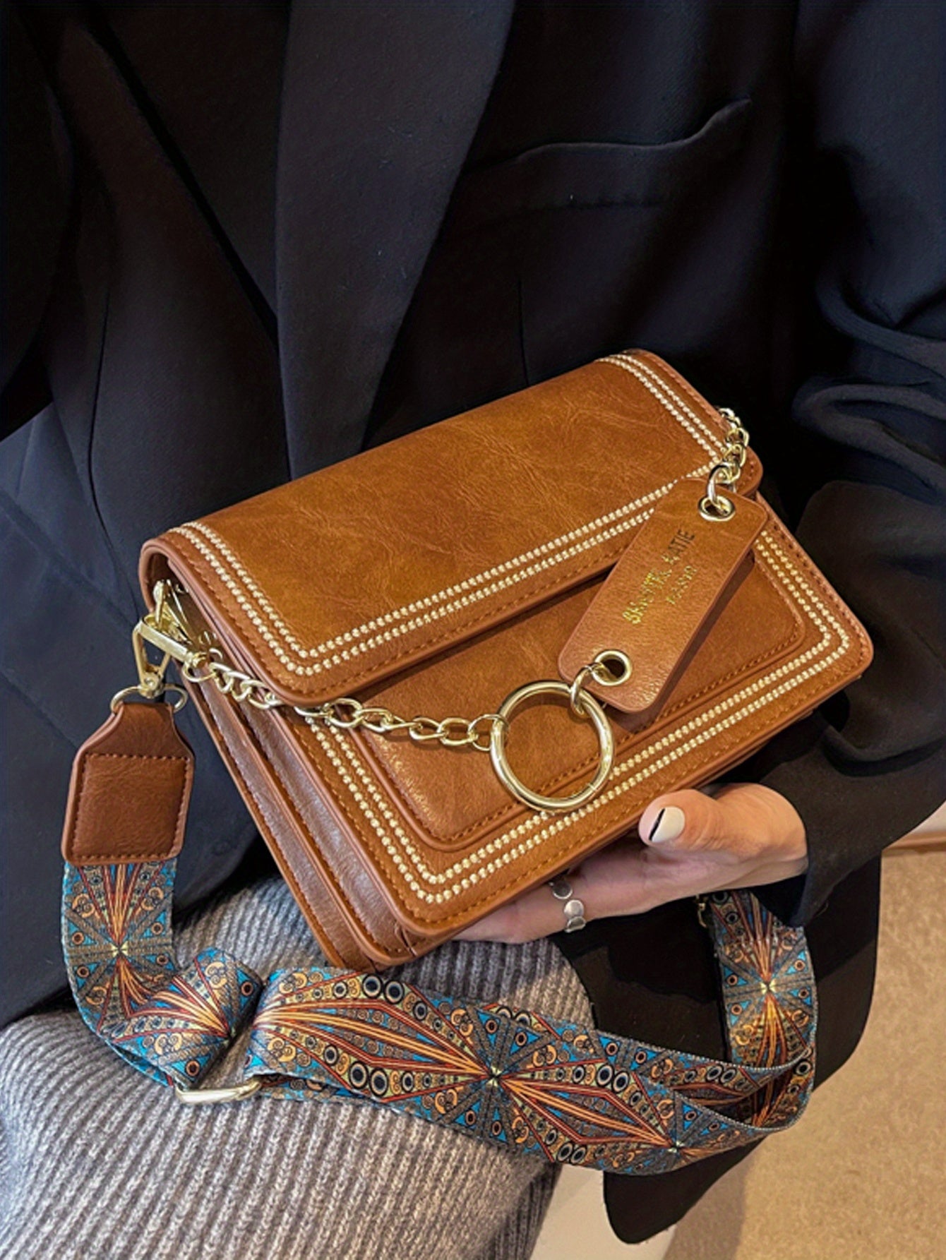 Chain Decor Square Crossbody Bag, Small Stitch Detail Flap Purse, Women's Faux Leather Shoulder Bag