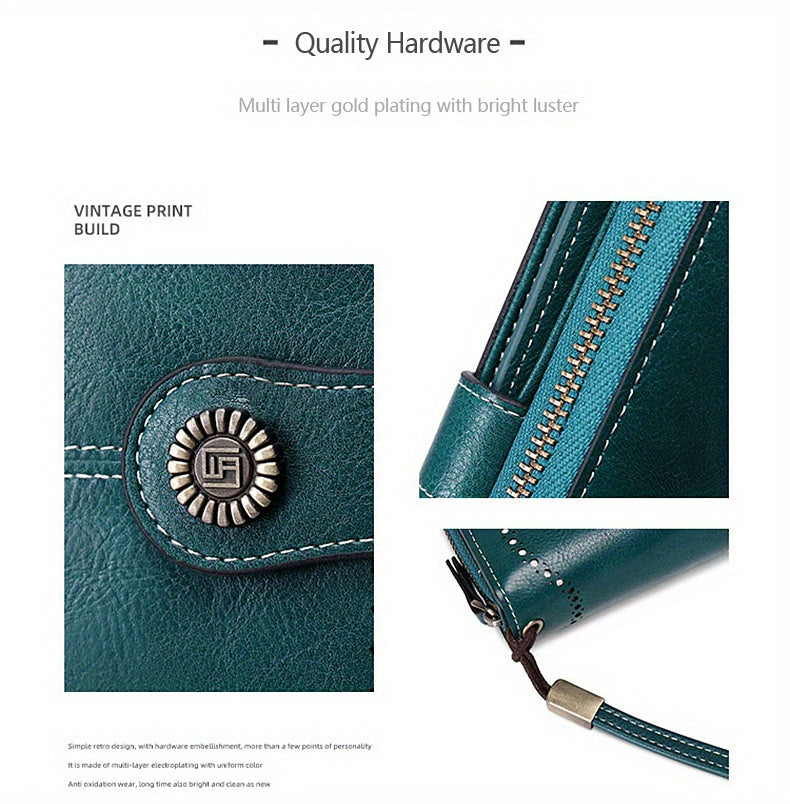Vintage-Style RFID Long Wallet – Large-Capacity Faux Leather Coin Purse with Wristband, Snap Closure & Multi-Card Slots