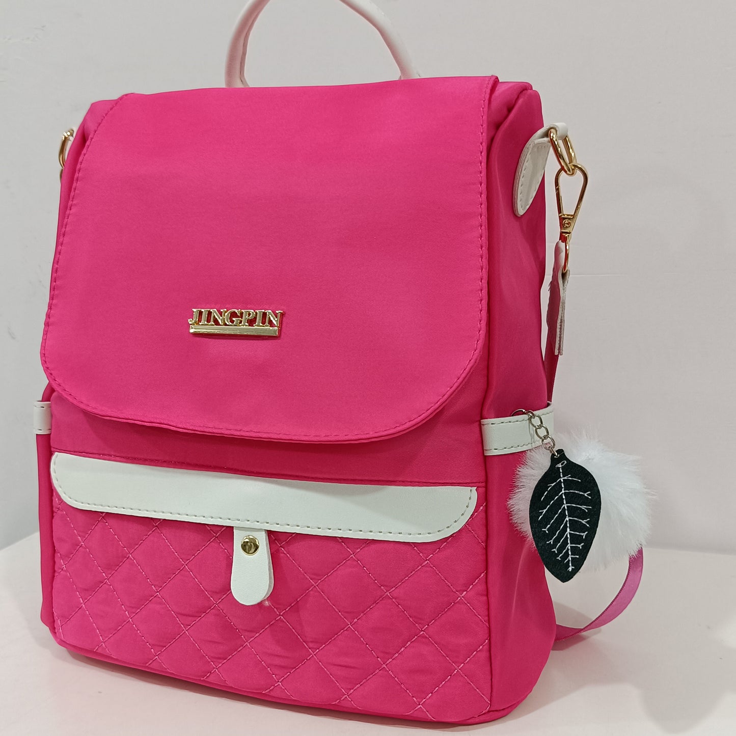 Quilted Flap Backpack Purse, Women's Nylon Travel Shoulder Bag, Casual Pompom Decor Bookbag