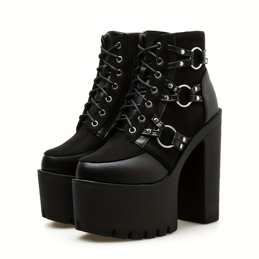 Women's Goth Motorcycle High Heel Boots, Block Heels Lace Up And Zipper Round Toe Platform Ankle Boots, Y2K Style Boots