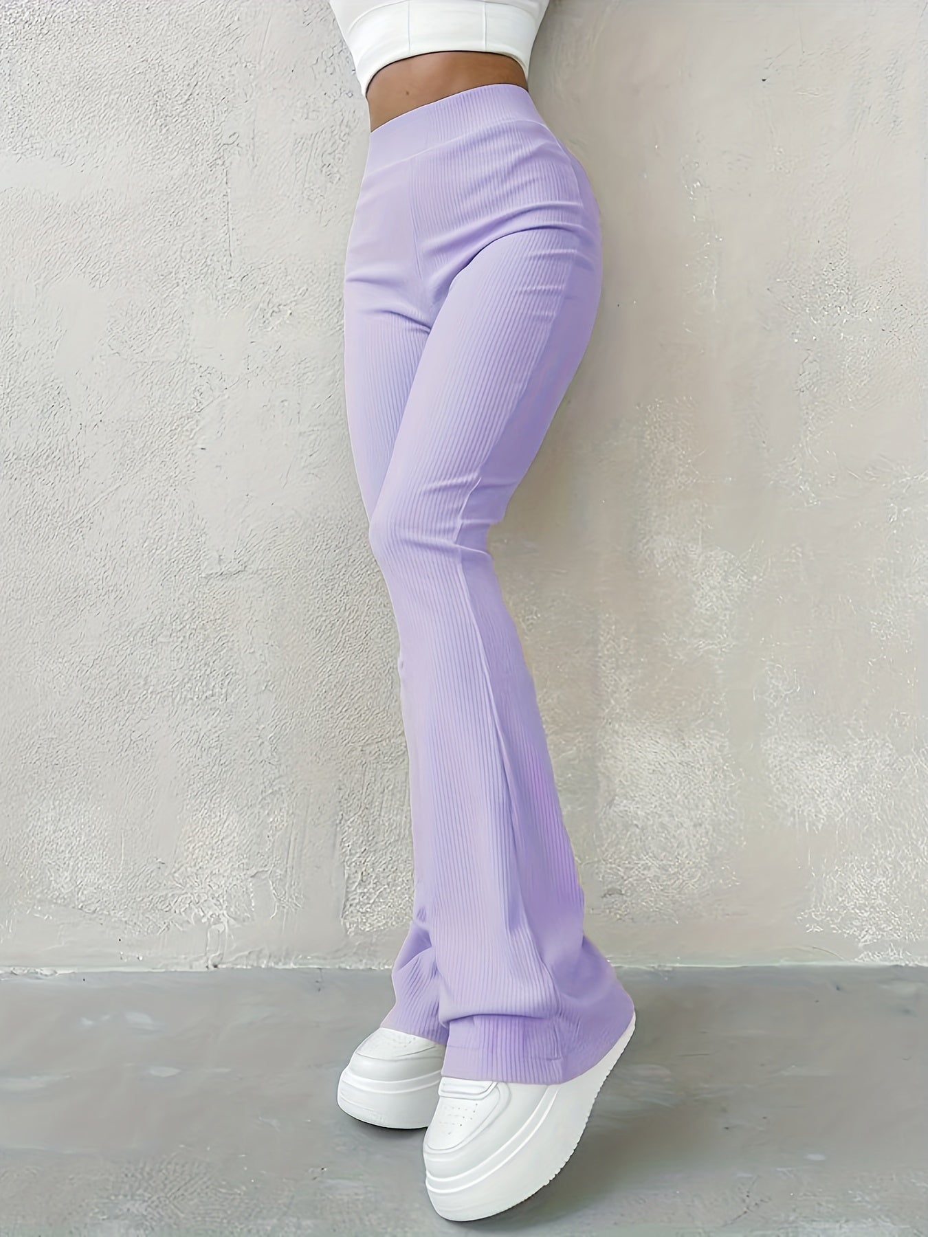 Stylish Flare Leg Pants - Soft and Stretchy Ribbed Fabric, Comfortable High-Rise Design, Flexible and Form-Fitting Waistband, Fashionable Flared Leg Style - Chic Womens Clothing for Everyday Wear