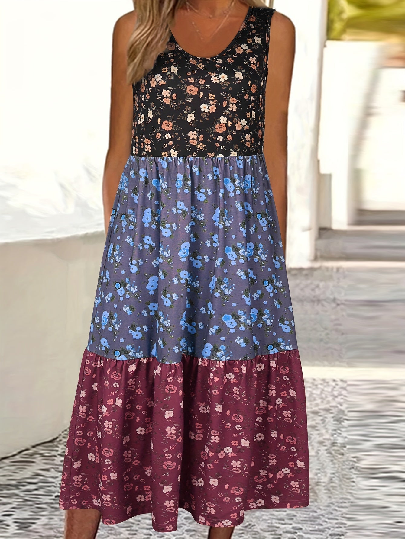 Vibrant Color Block Floral Print Tiered Tank Dress - Relaxed Fit, Crew Neck, Casual, Comfortable, Soft Fabric - Womens Summer Clothing, Beach Dress, Vacation Wear