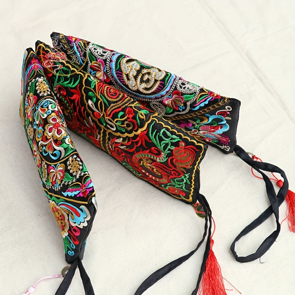 Vintage Square Phone Purse - Ethnic Floral Embroidery, Wristlet Strap, Stylish Clutch for Everyday Chic