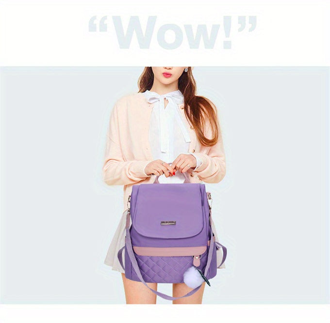 Quilted Flap Backpack Purse, Women's Nylon Travel Shoulder Bag, Casual Pompom Decor Bookbag