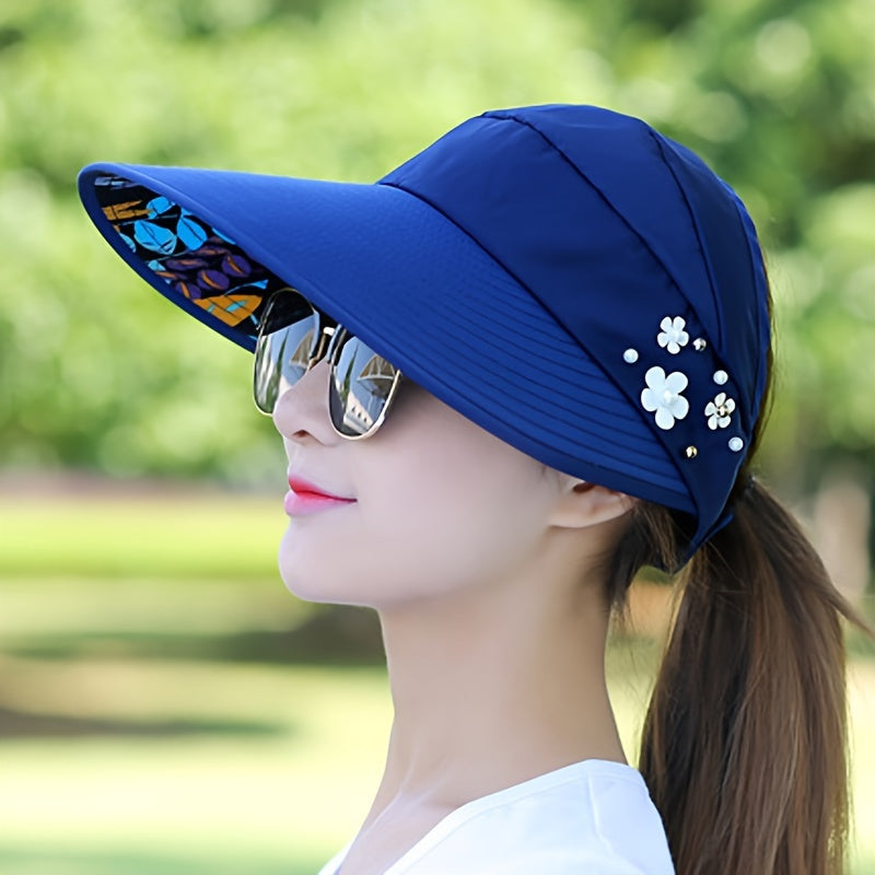 Womens Summer Sun Hat - Premium UV Shield, Stylishly Versatile, Travel-Friendly Foldable Design, Wide Brim for Optimal Shade, Chic Floral Lining, Adjustable with Flower Accent