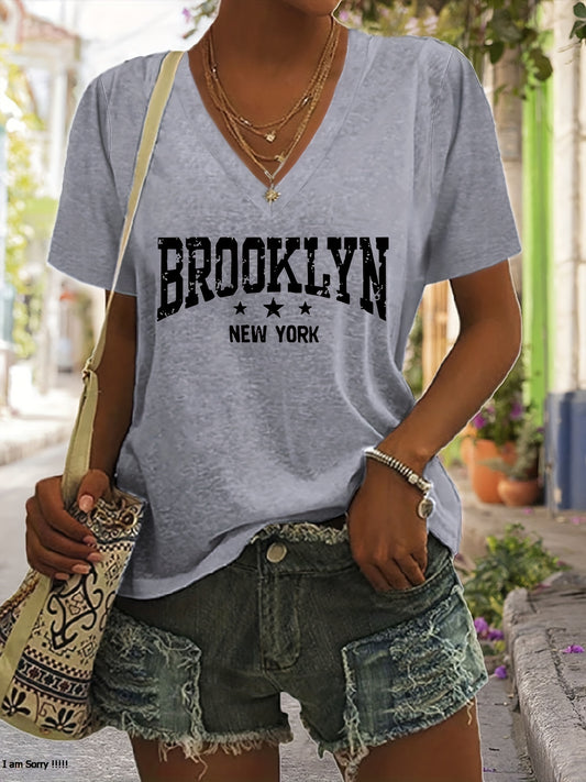 Chic Brooklyn Vibes Tee - Comfy V-Neck, Short-Sleeved, Casual Womens Summer Top