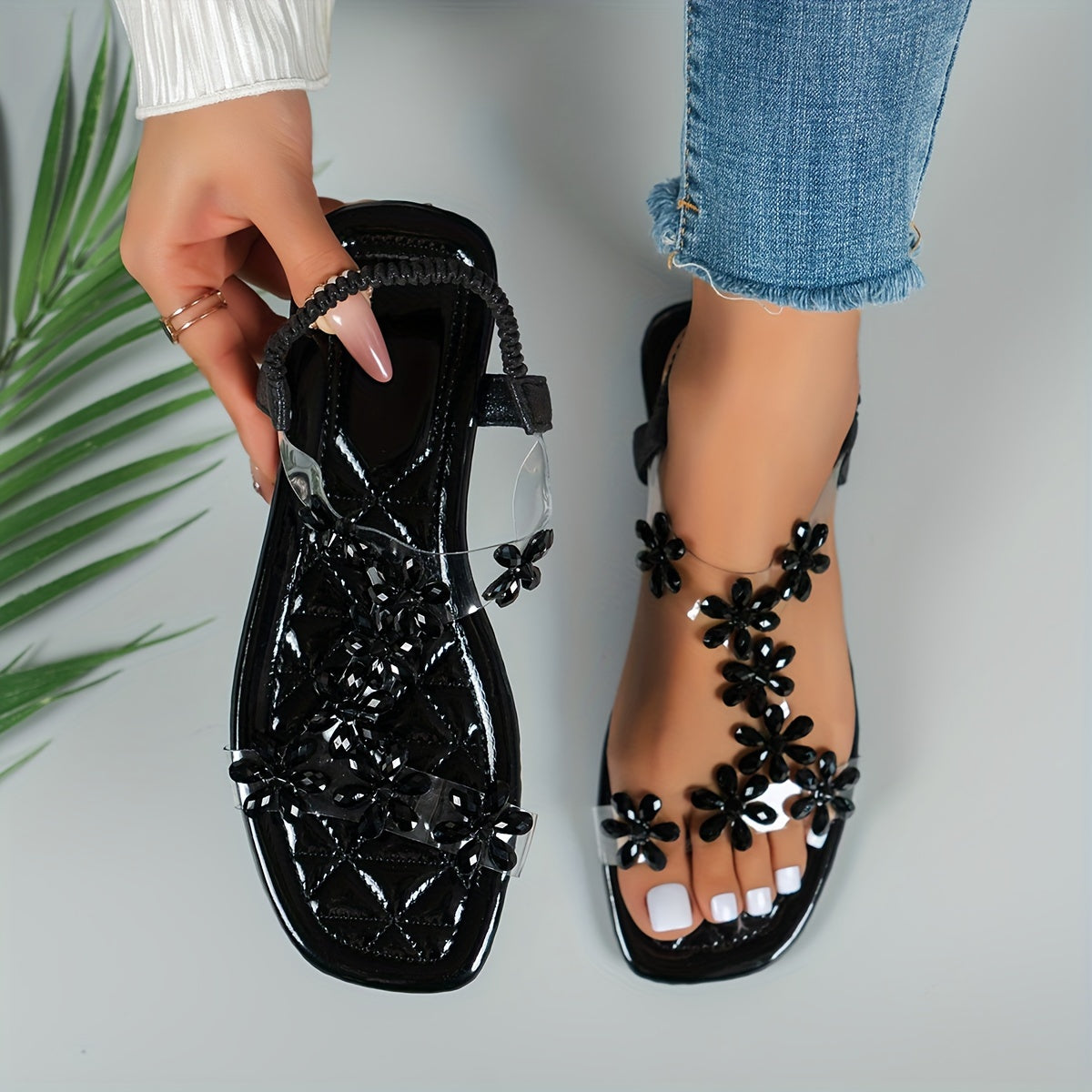 Womens Sparkling Rhinestone Butterfly Flat Sandals - Fashionable Open Toe Summer Shoes with Comfortable Elastic Bands - Ideal for Casual Everyday Wear