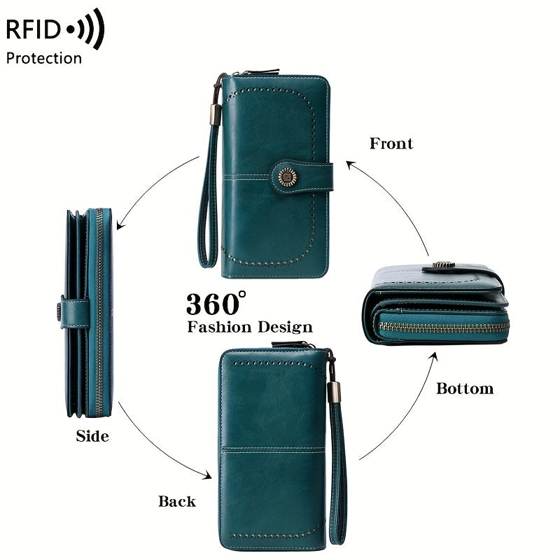 Vintage-Style RFID Long Wallet – Large-Capacity Faux Leather Coin Purse with Wristband, Snap Closure & Multi-Card Slots