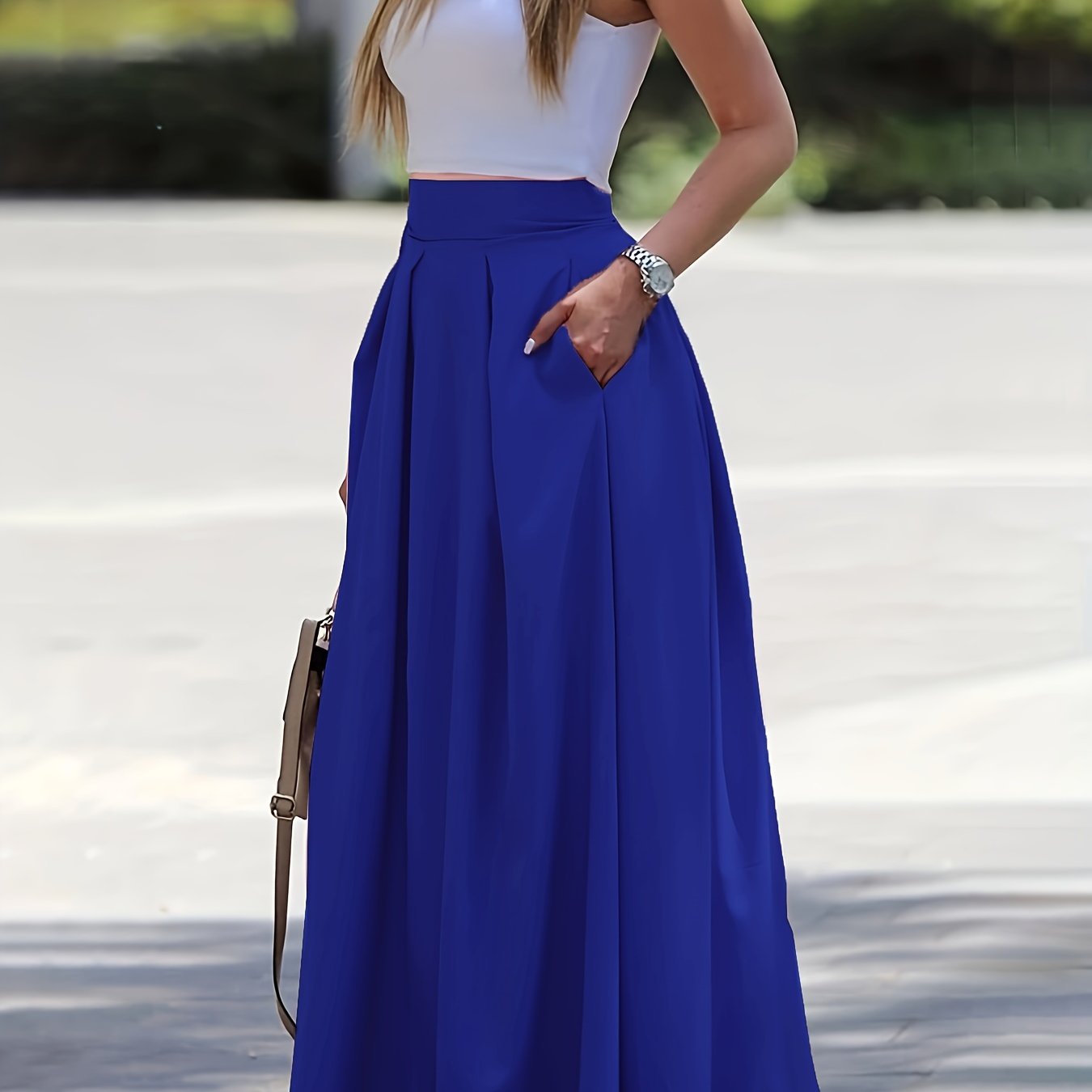 Ruched High Waist Skirts, Elegant Solid Versatile Maxi Skirts, Women's Clothing