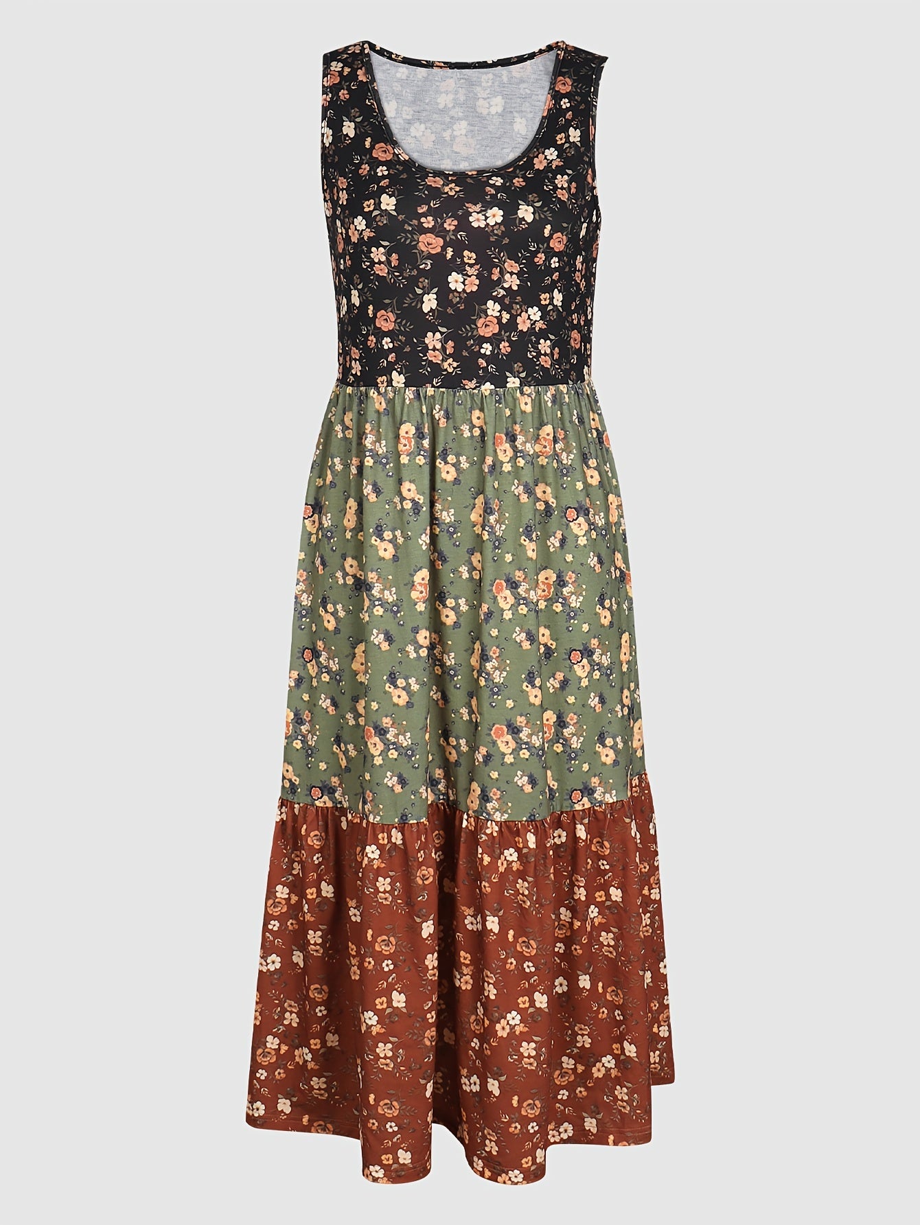 Vibrant Color Block Floral Print Tiered Tank Dress - Relaxed Fit, Crew Neck, Casual, Comfortable, Soft Fabric - Womens Summer Clothing, Beach Dress, Vacation Wear