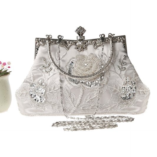 Floral Beaded Embroidery Handbag, Vintage Sequin Clutch Wedding Party Prom Bag - Chain Crossbody Evening Purse - For Women - Perfect for Weddings, Parties & Proms - Ideal Gift for Women