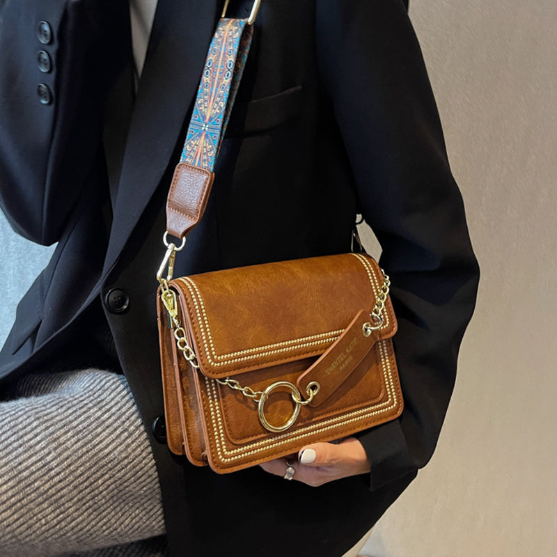 Chain Decor Square Crossbody Bag, Small Stitch Detail Flap Purse, Women's Faux Leather Shoulder Bag