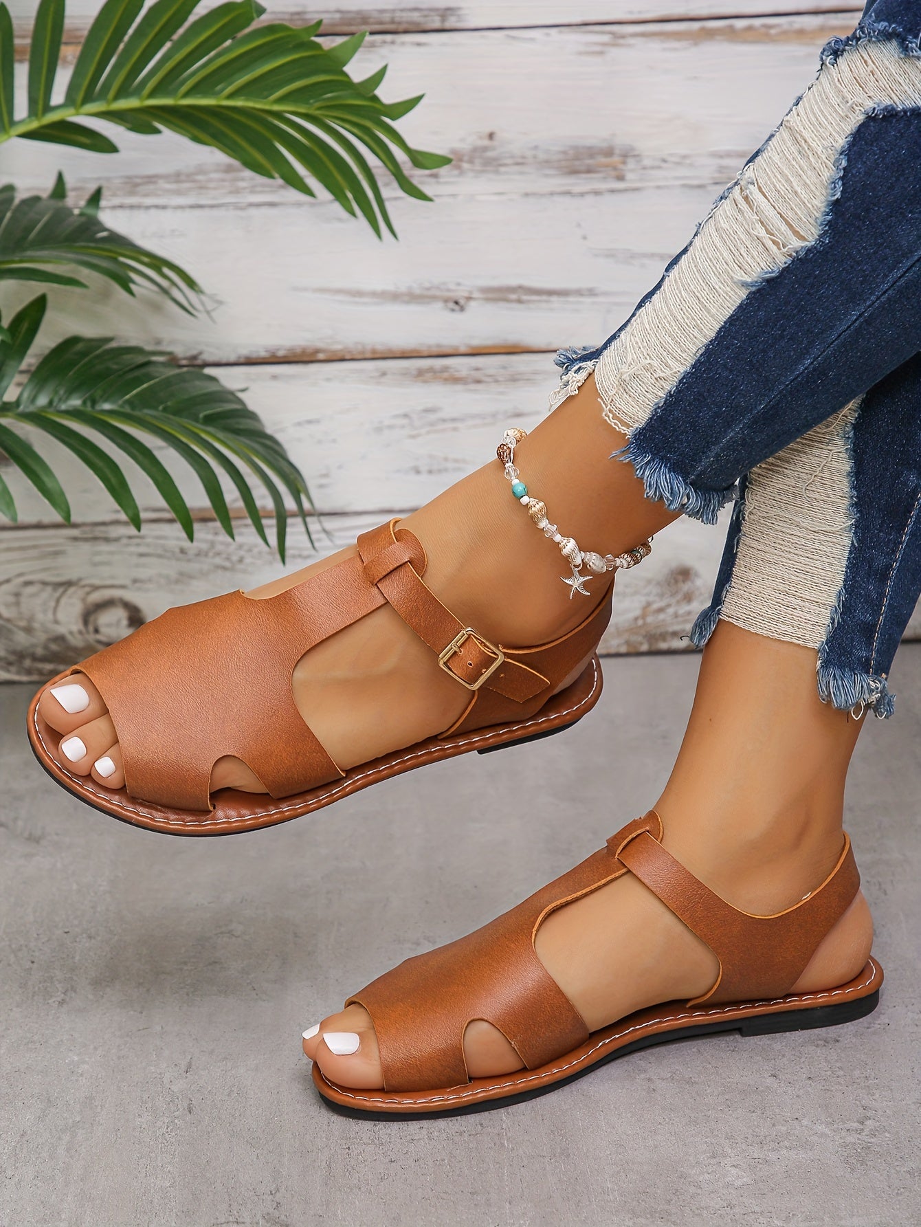 Womens Summer Flat Sandals - Buckle Ankle Strap, Lightweight, Comfortable, Open Toe, Faux Leather Upper, Rubber Sole, Versatile Vacation Footwear for Beach, Pool, and Outdoor Activities