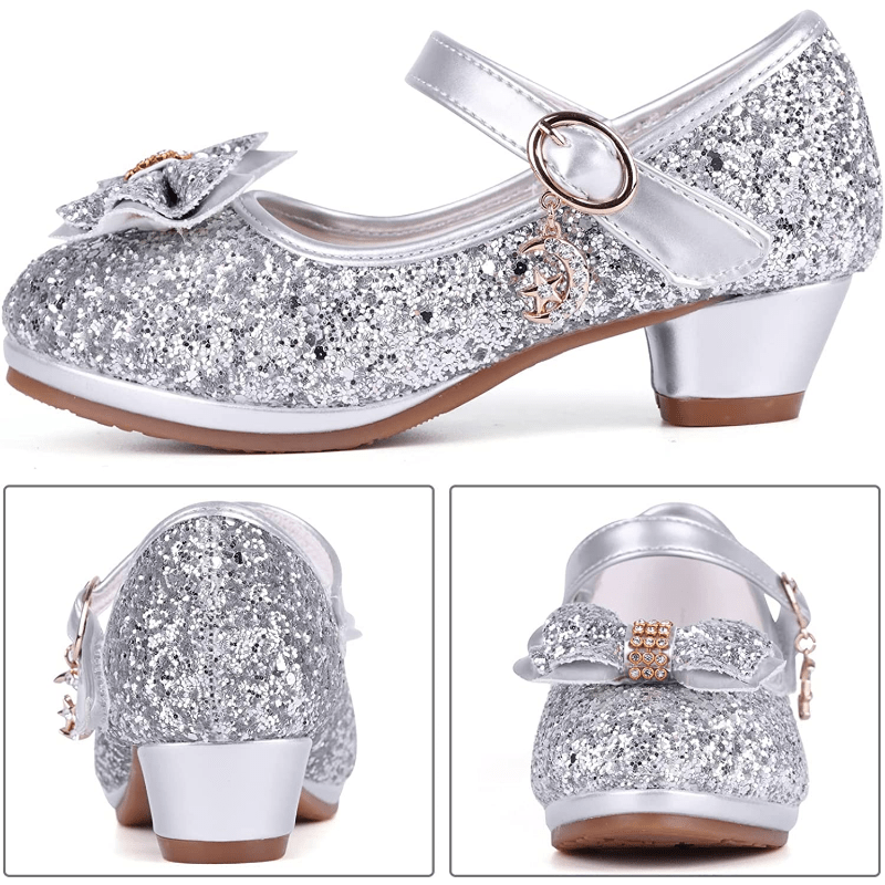 Girl Sandals Glitter Princess Shoes With Sequin, Party Shoes Bling Bowknot High Heels Wedding Birthday Dress Shoes