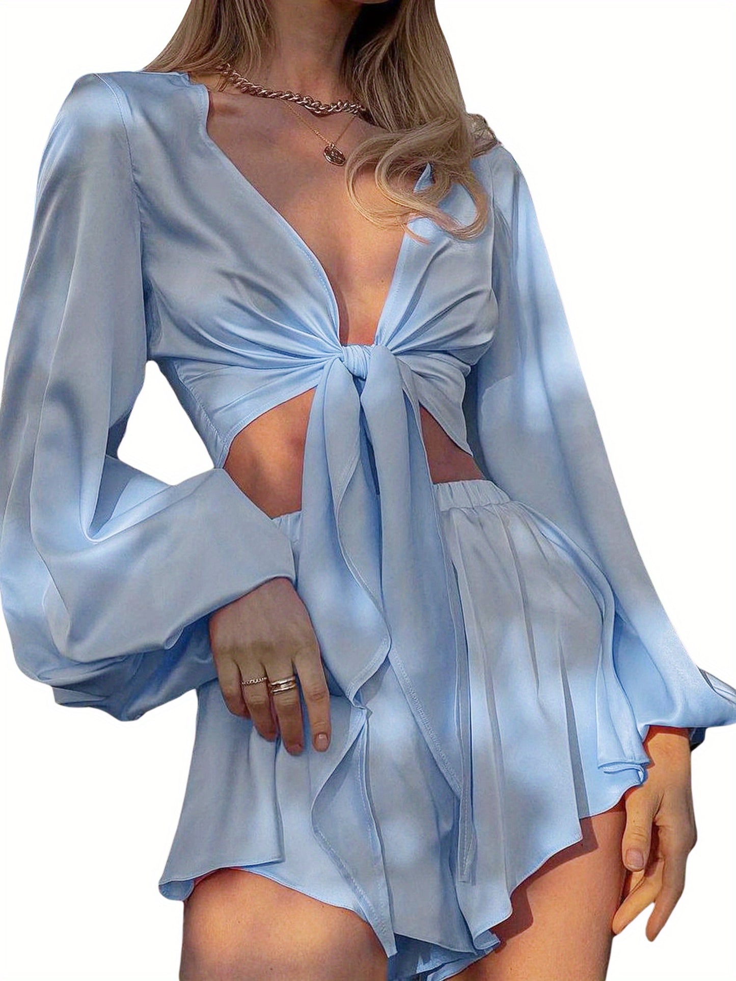 Women Shorts Set, Long Sleeve Tie-up Crop Top with Elastic Waist Shorts Summer Outfit