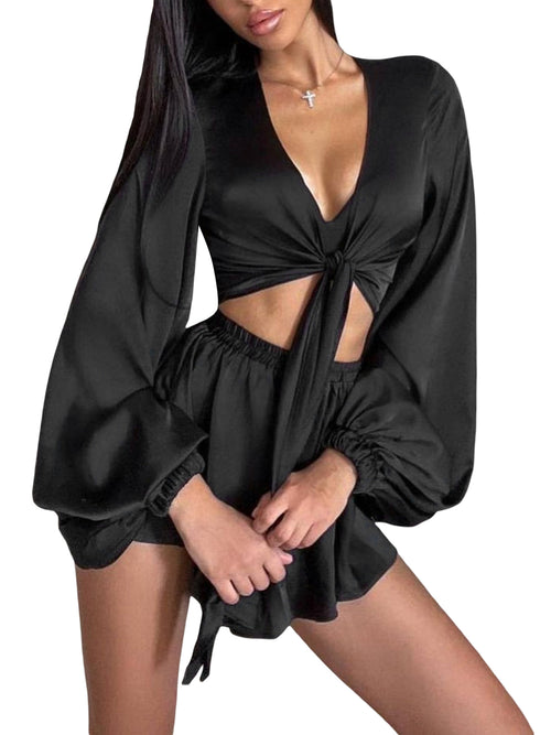 Women Shorts Set, Long Sleeve Tie-up Crop Top with Elastic Waist Shorts Summer Outfit