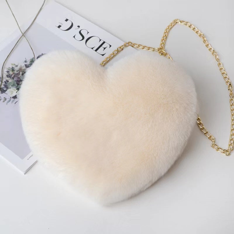 Heart Shaped Plush Bag, Women's Chain Crossbody Bag, Kawaii Zipper Purse For Valentine's Day