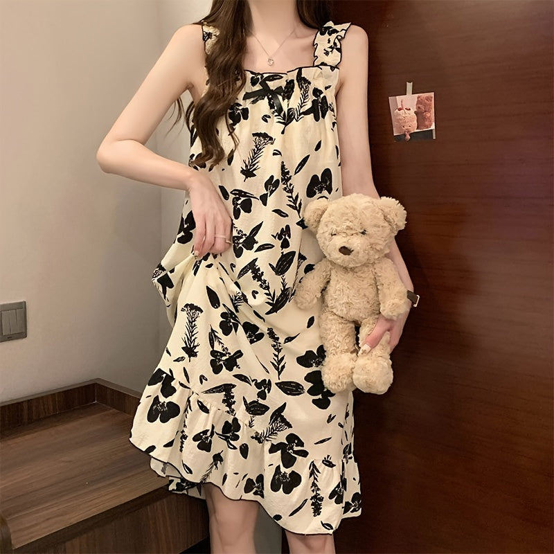 Womens Summer Sleeveless Nightgown with Removable Pads - Soft, Thin & Comfortable Sleepwear Dress - Basic Vest Style for Versatile Fit - Charming Leaf Pattern Homewear - Designed for Women
