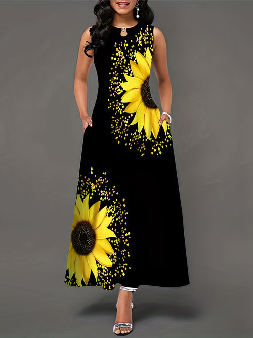 Sunflower Bloom Keyhole Maxi Dress - Casual Crew Neck, Sleeveless with Pockets - Feminine & Flattering Womens Summer Wear