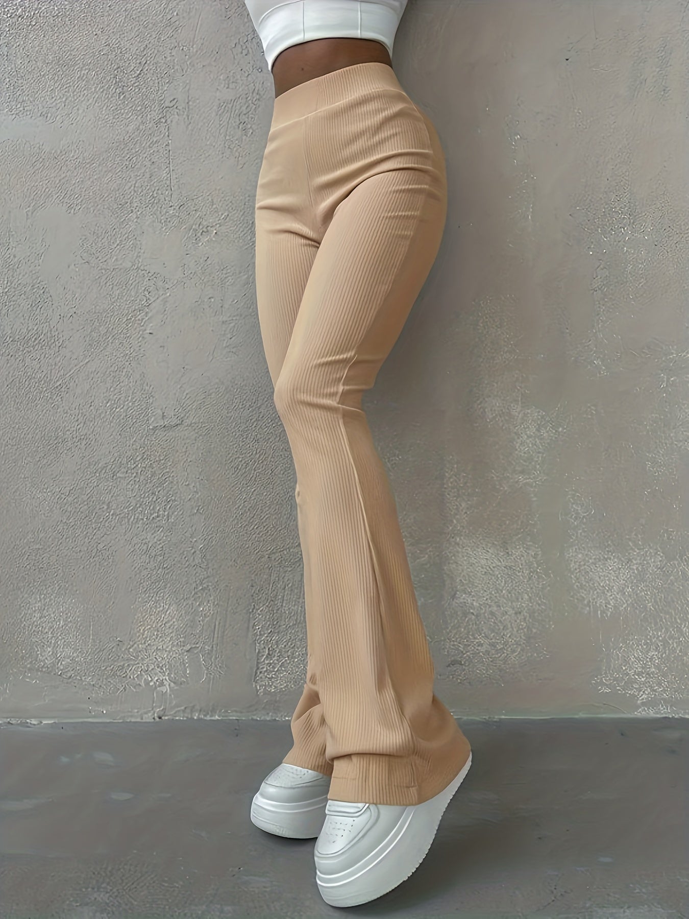 Stylish Flare Leg Pants - Soft and Stretchy Ribbed Fabric, Comfortable High-Rise Design, Flexible and Form-Fitting Waistband, Fashionable Flared Leg Style - Chic Womens Clothing for Everyday Wear