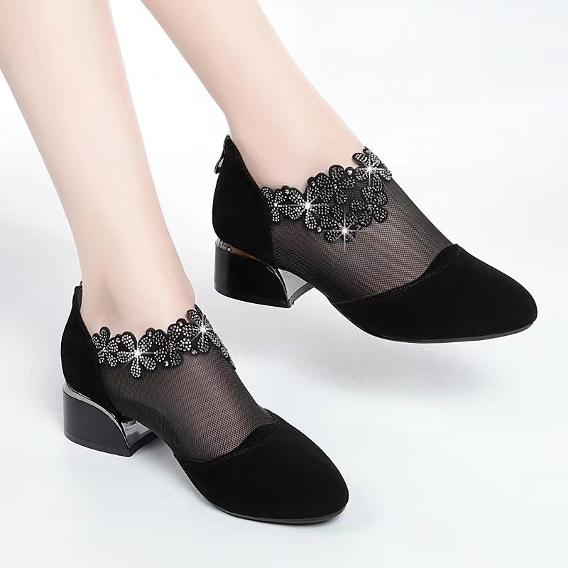 Women's Flower Rhinestone Mesh Block Heels, Fashion Back Zipper Solid, Versatile Dress Low Heels