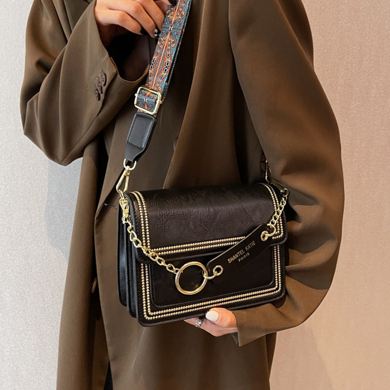 Chain Decor Square Crossbody Bag, Small Stitch Detail Flap Purse, Women's Faux Leather Shoulder Bag