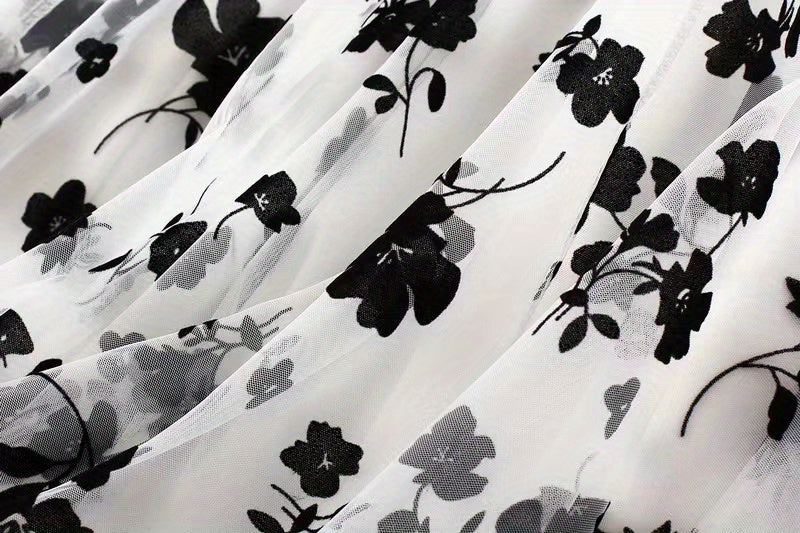 Plant Print Contrast Mesh Skirts, Elegant High Waist Maxi Skirts, Women's Clothing