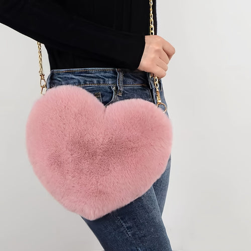 Heart Shaped Plush Bag, Women's Chain Crossbody Bag, Kawaii Zipper Purse For Valentine's Day