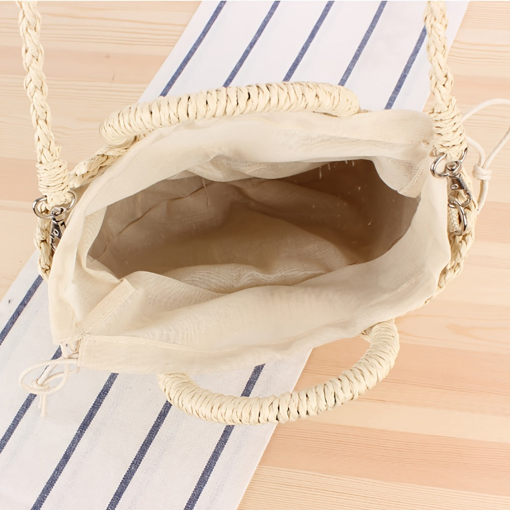 Half-Round Woven Straw Crossbody Bag - Lightweight, Removable Strap, Drawstring Closure, Polyester Lining, Perfect for Womens Summer Holiday and Beach Occasions