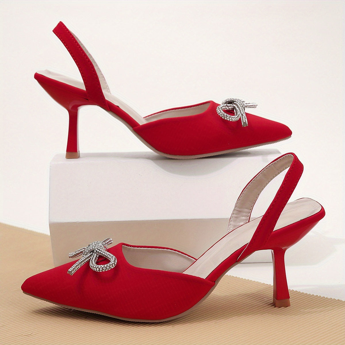 Women's Rhinestone Bow Stiletto, Pointed Toe Satin Slingback High Heels, Party & Evening Going Out Dress Shoes