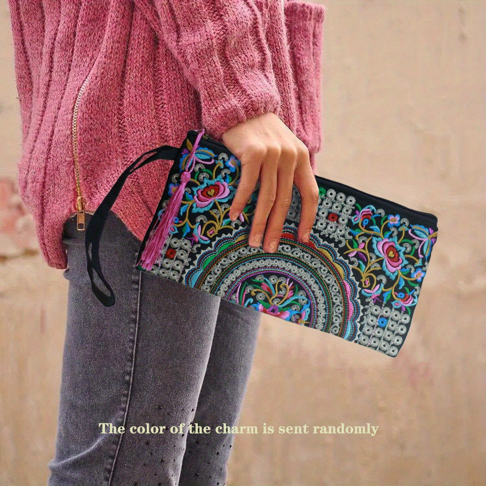 Vintage Square Phone Purse - Ethnic Floral Embroidery, Wristlet Strap, Stylish Clutch for Everyday Chic