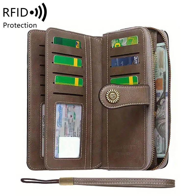 Vintage-Style RFID Long Wallet – Large-Capacity Faux Leather Coin Purse with Wristband, Snap Closure & Multi-Card Slots