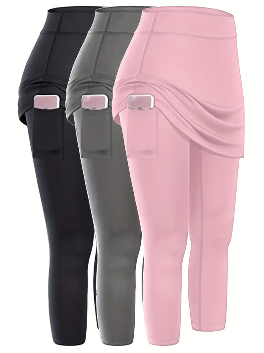3pcs Skirted Legging For Women, High Stretch Yoga Running Sports Legging With Skirts, Women's Activewear