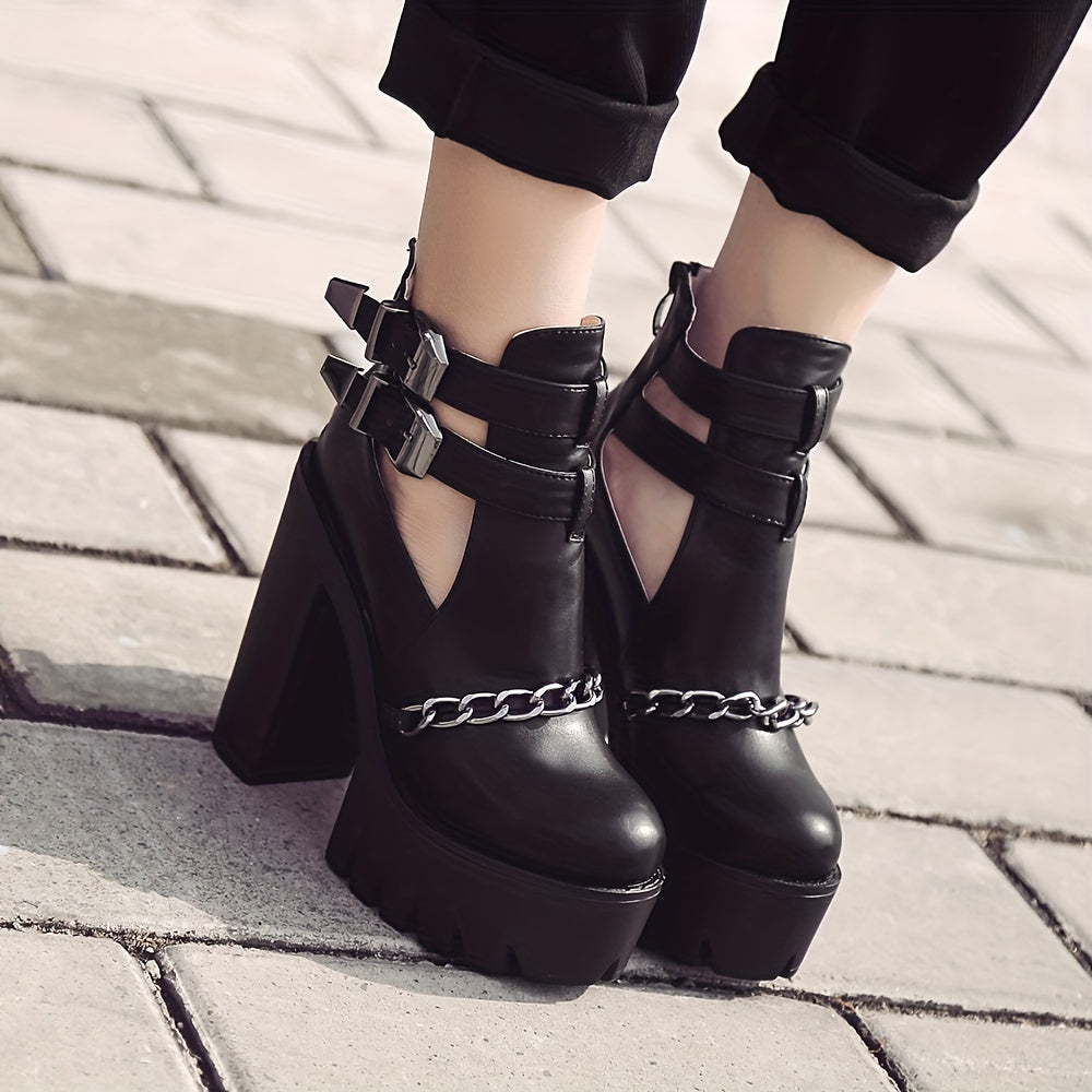 Women's Goth Platform Block High Heels, Black Chain Decor Double Buckle Strap Ankle Boots, Back Zipper Short Motorcycle Boots
