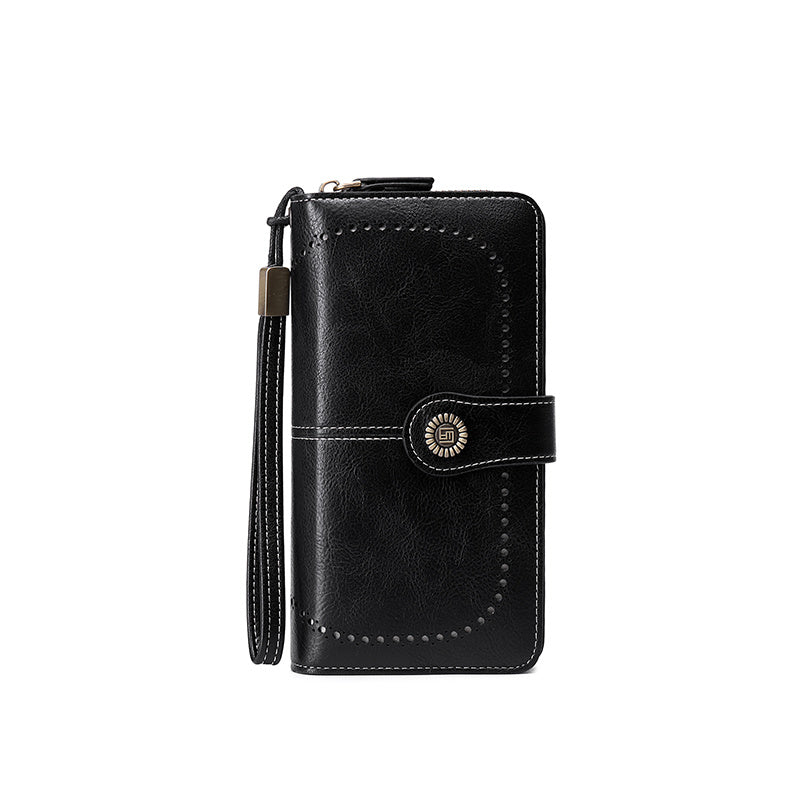 Vintage-Style RFID Long Wallet – Large-Capacity Faux Leather Coin Purse with Wristband, Snap Closure & Multi-Card Slots