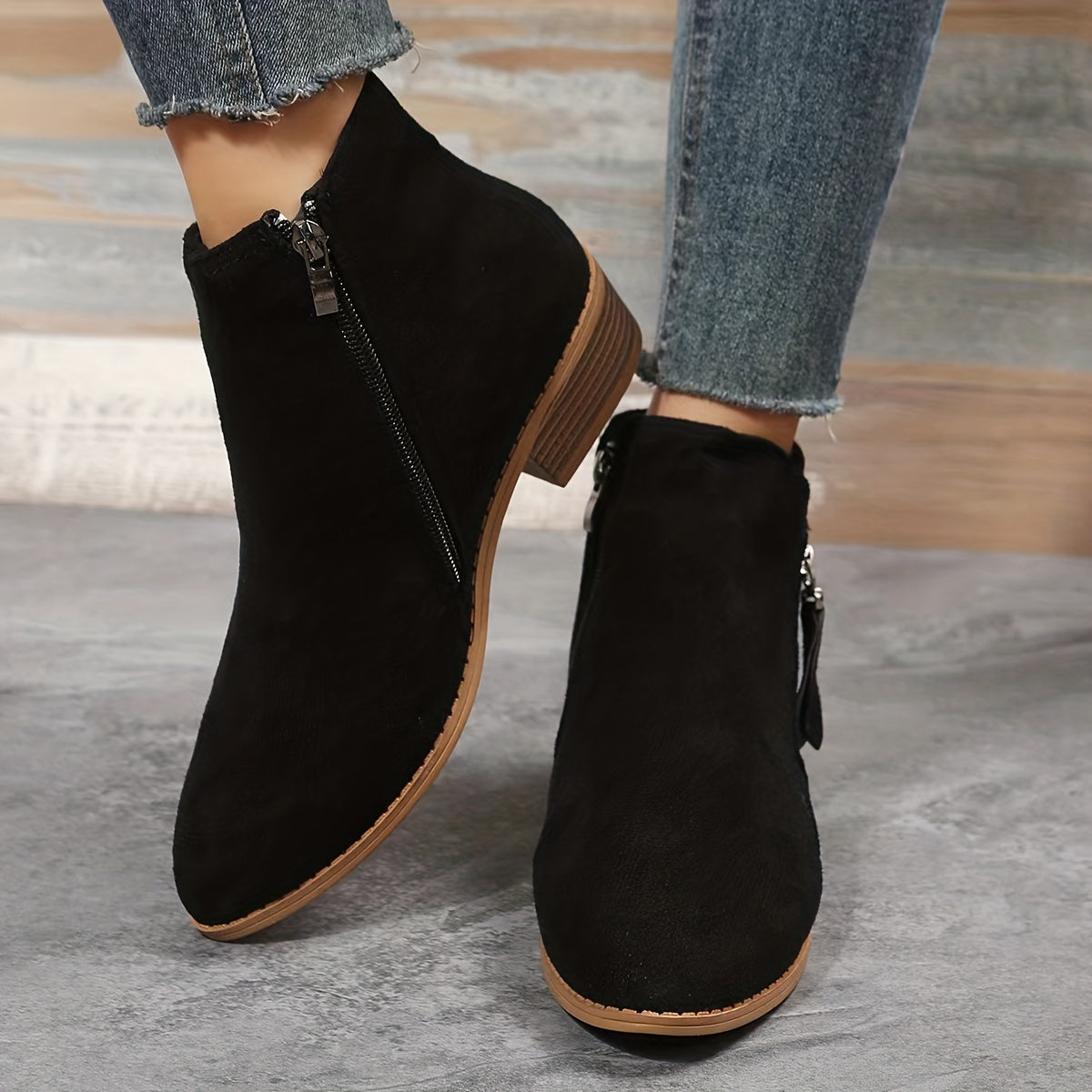 Women's Stacked Heel Ankle Boots, Side Zipper Pointed Toe Solid Color Short Boots, Comfortable Block Heels