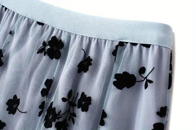 Plant Print Contrast Mesh Skirts, Elegant High Waist Maxi Skirts, Women's Clothing