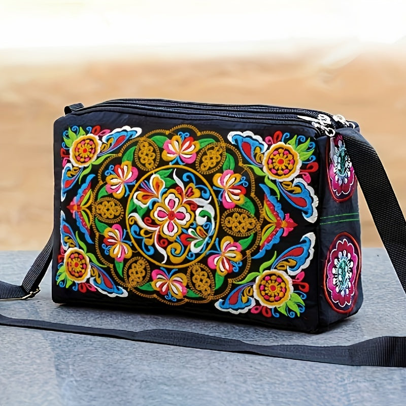 Floral Lightweight Crossbody Bag for Women – Adjustable Strap, Secure Zip, Embroidered Comic-Patterned Travel Purse