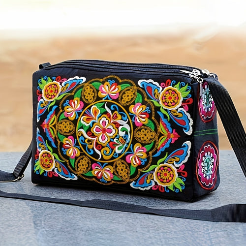 Floral Lightweight Crossbody Bag for Women – Adjustable Strap, Secure Zip, Embroidered Comic-Patterned Travel Purse
