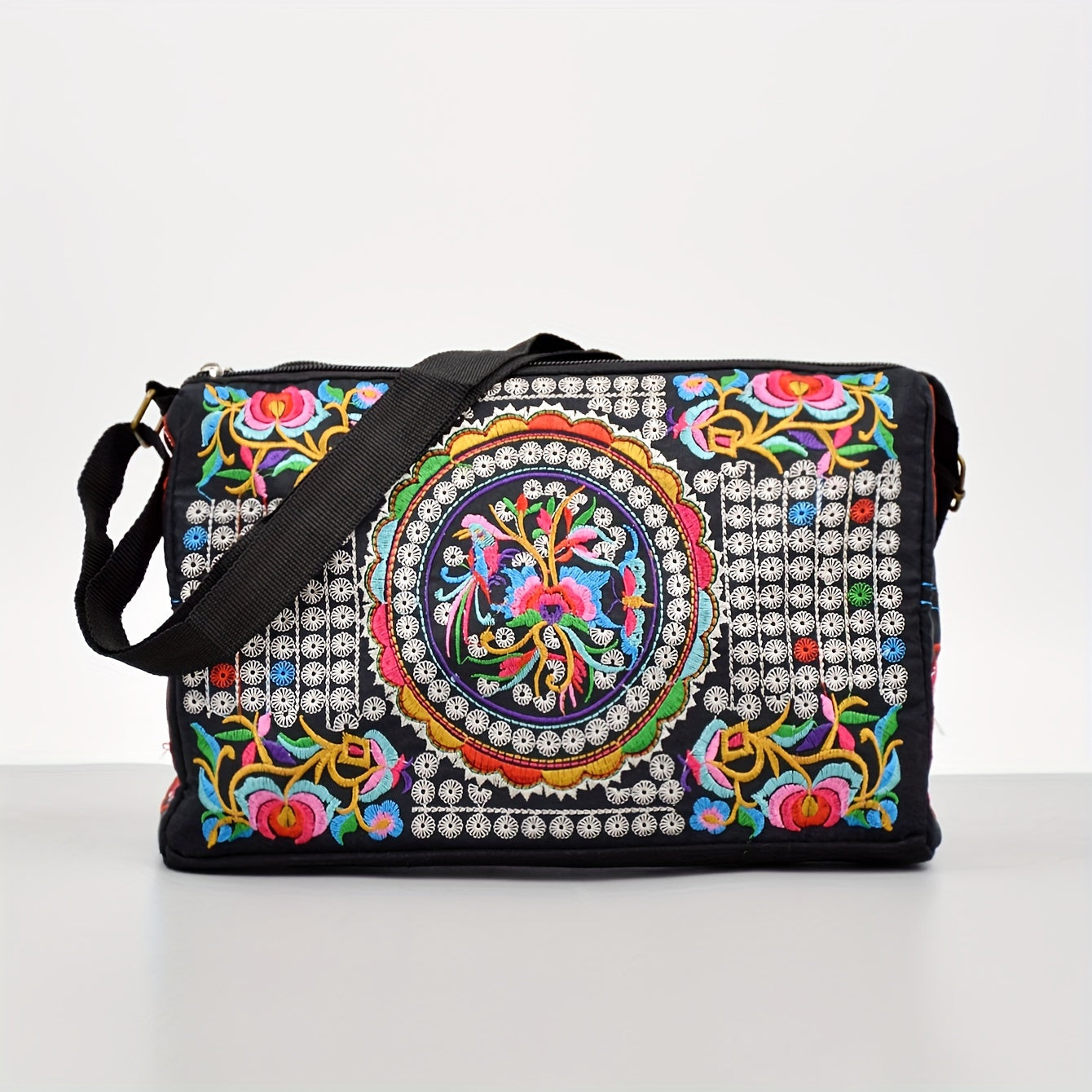 Floral Lightweight Crossbody Bag for Women – Adjustable Strap, Secure Zip, Embroidered Comic-Patterned Travel Purse