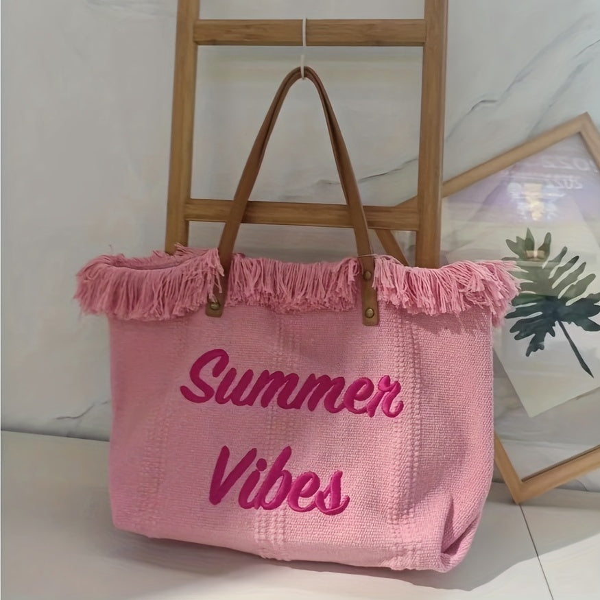 Bohemian Chic Embroidered Tote Bag - Stylish Letter Detail, Fringe Trim, Durable Canvas, Adjustable Shoulder Strap, Perfect for Womens Summer Beach Wear