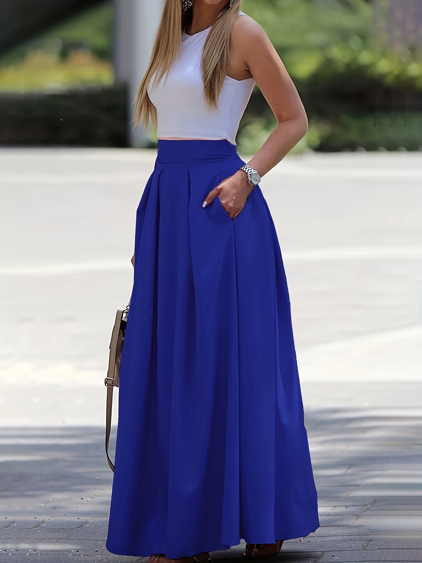 Ruched High Waist Skirts, Elegant Solid Versatile Maxi Skirts, Women's Clothing
