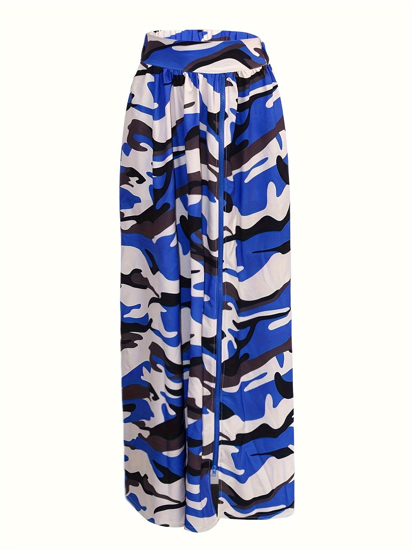 Camouflage Print Split High Waist Skirts, Zipper Elastic Mid Length Casual Skirts, Women's Clothing
