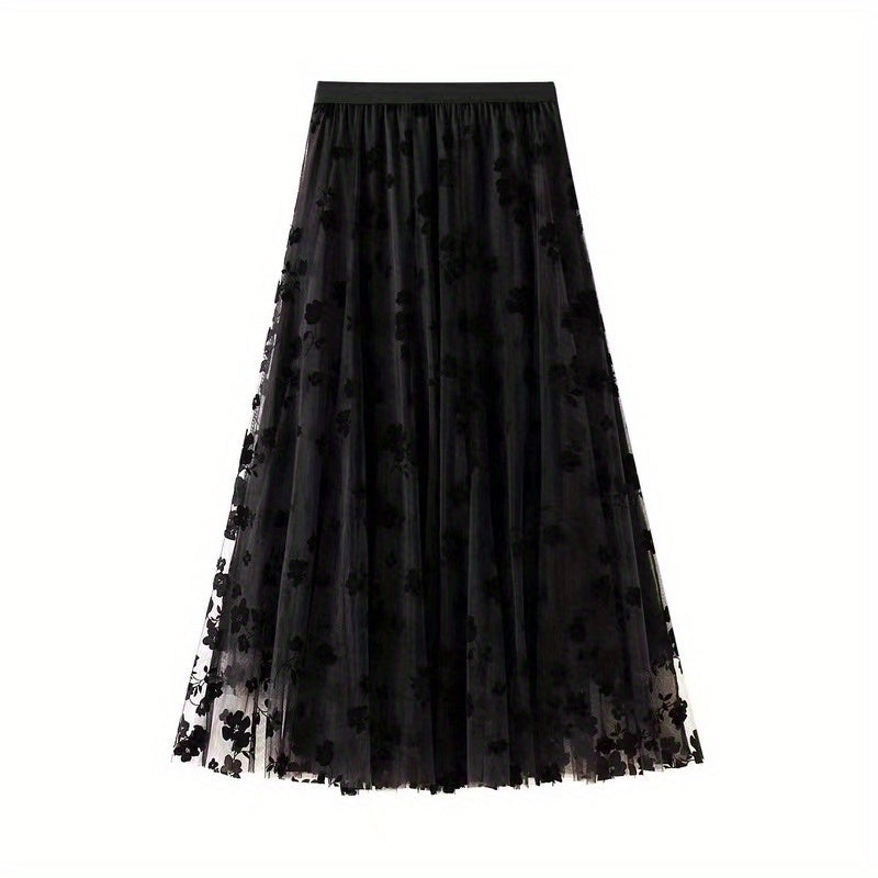 Plant Print Contrast Mesh Skirts, Elegant High Waist Maxi Skirts, Women's Clothing