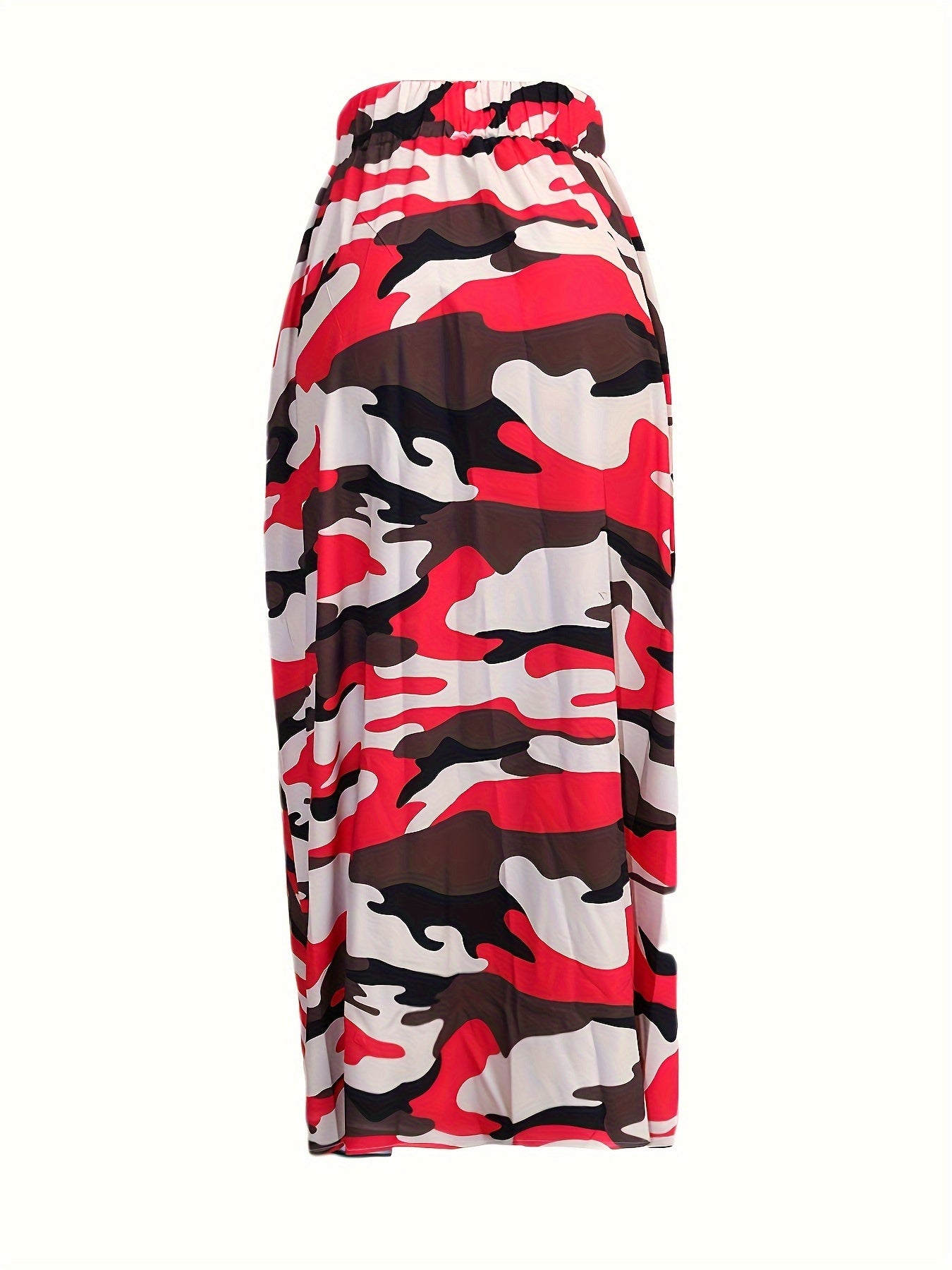 Camouflage Print Split High Waist Skirts, Zipper Elastic Mid Length Casual Skirts, Women's Clothing